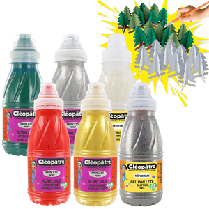 PACK NOEL 4 FLACONS PEINTURE ACRYLIQUE COLORIS ASSORTIS + 2 FLACONS GEL PAILLETE 250ML + 30 SAPINS CARTONS A DECORER